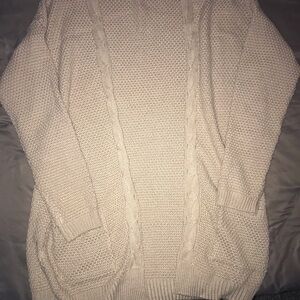 Vintage Long Khaki Thigh Length Cardigan Large Chunky Cable Knit